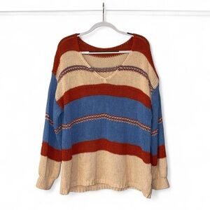 Chunky Knit Striped V-Neck Sweater - Blue, Red/Orange, and Cream